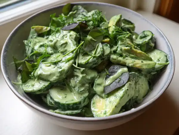 En krämig green goddess sallad med avokado, gurka och färska örter i en skål.