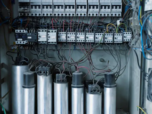 Wnętrze rozdzielnicy elektrycznej z kondensatorami i stycznikami, kluczowe dla poprawy współczynnika mocy cos fi.