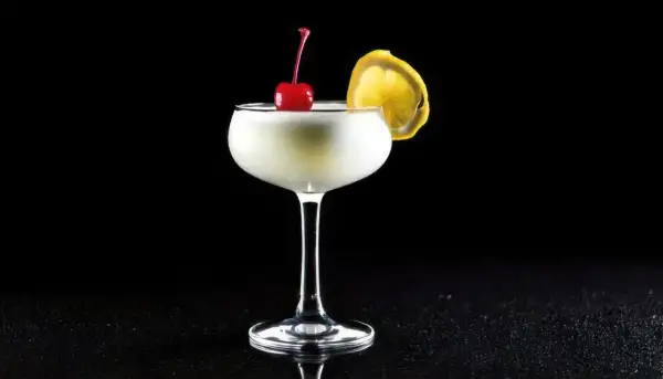 En elegant drink, en "white lady", med körsbär och citronskiva på svart bakgrund.