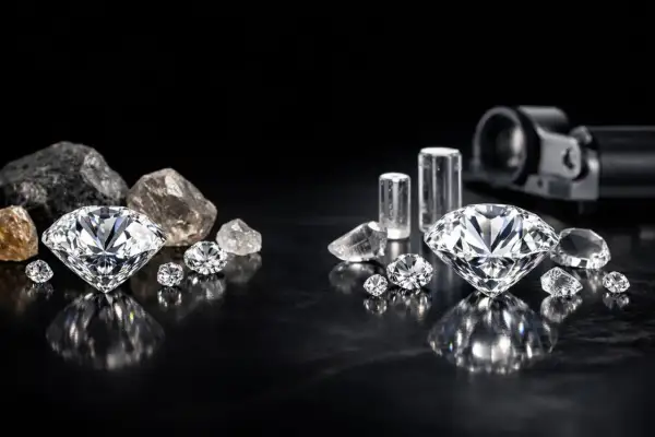 Błyszczące diamenty laboratoryjne obok surowych kamieni i narzędzi.