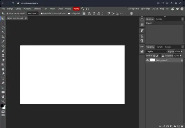 Interfejs Photopea, darmowego programu do edycji grafiki online, podobnego do Photoshopa. Widoczny pusty obszar roboczy i panel warstw.