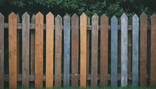 Różnobarwne, drewniane deski tworzą urokliwe, lekko zniszczone ogrodzenie. Jakie ogrodzenie, takie życie!