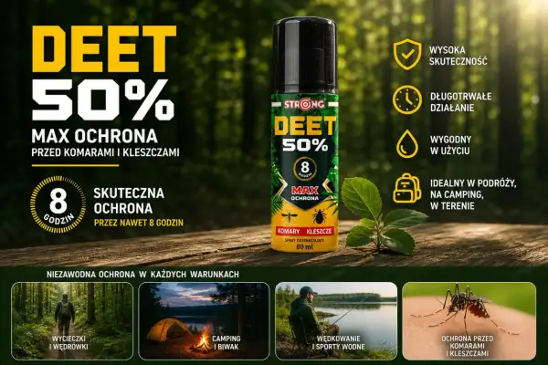 Spray DEET 50% to skuteczny sposób, co odstrasza kleszcze i komary, zapewniając ochronę do 8 godzin. Idealny na wycieczki i biwaki.