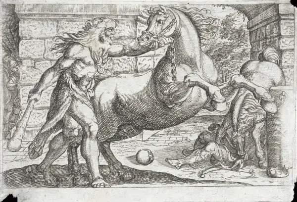 Herakles, jak oczyścił stajnie Augiasza, walczy z koniem. W tle widać ludzi i architekturę.