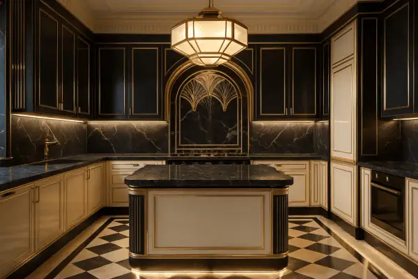 Elegancka kuchnia art deco z czarnymi, marmurowymi blatami, złotymi detalami i geometryczną podłogą.