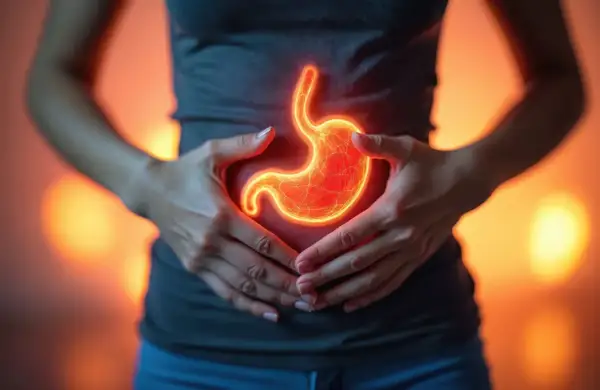Dłonie obejmujące brzuch, gdzie widoczny jest świecący, czerwony żołądek, symbolizujący gastropatię rumieniową.
