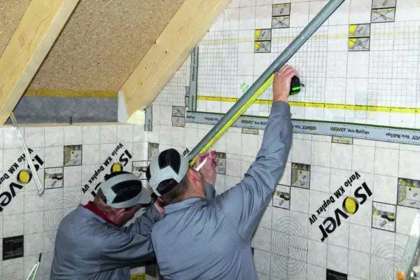 Pracownicy mierzą i zaznaczają punkty na konstrukcji profili na skosach poddasza, przygotowując je do dalszych prac.