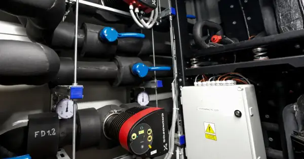 Instalacja grzewcza z pompą Grundfos. Widać rury, zawory i manometry, kluczowe dla efektywności pompy ciepła.