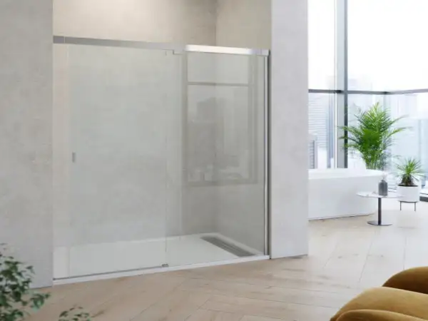 Une douche moderne avec une paroi en verre, parfaite pour nettoyer vitre douche. La salle de bain lumineuse offre une vue sur la ville.