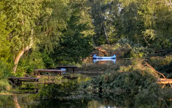 Niebieska łódź czeka na brzegu zwalonego drzewa. Jezioro zmarłe, otoczone bujną zielenią, odbija światło.