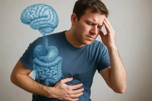 Man met hoofdpijn en buikpijn, hersenen en spijsverteringsorganen zichtbaar. Mogelijk verband tussen adhd en overgewicht.
