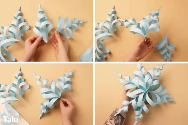 Schritt-für-Schritt-Anleitung zum Schneeflocken basteln mit Papier. Hände formen und kleben die Papierstreifen zu einer schönen Schneeflocke.
