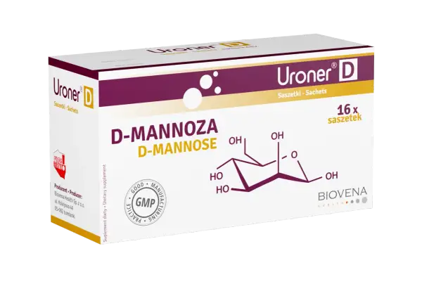 Opakowanie Uroner D z D-mannozą, 16 saszetek. Widoczny wzór chemiczny D-mannozy.