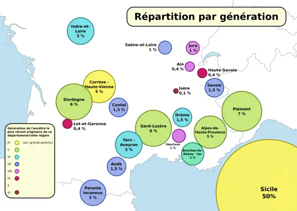 Carte montrant la répartition par génération des origines ethniques, avec la Sicile dominant à 50%.