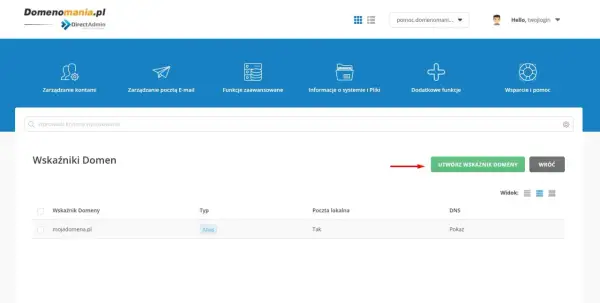 Panel DirectAdmin, gdzie można zarządzać wskaźnikami domen, tworzyć nowe lub edytować istniejące, np. mojadomena.pl.
