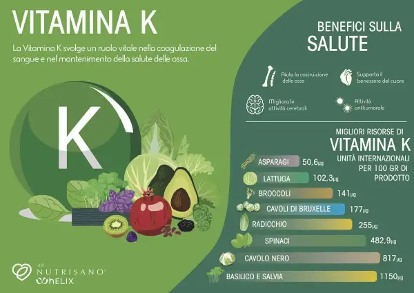Alimenti con vitamina K in ordine alfabetico: asparagi, basilico e salvia, broccoli, cavoli di Bruxelles, cavolo nero, lattuga, radicchio, spinaci.