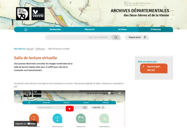 Archives départementales des Deux-Sèvres et de la Vienne : salle de lecture virtuelle pour consulter les documents numérisés.