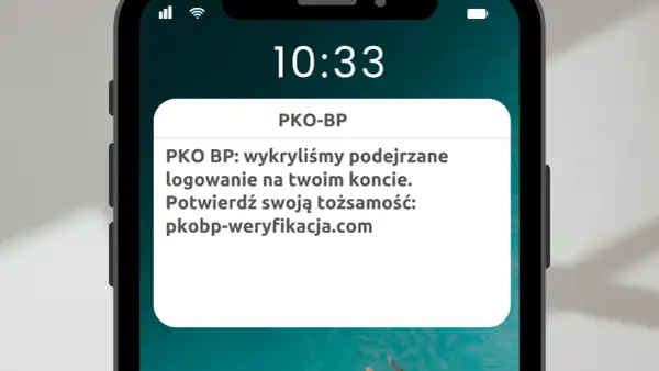 Ostrzeżenie o podejrzanym logowaniu PKO BP. To przykład smishingu, czyli oszustwa przez SMS. Nie klikaj w link!