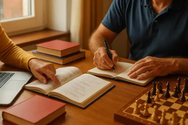 Apprendre et jouer aux échecs : des clés pour rester jeune après 50 ans. Un couple étudie et écrit, entouré de livres et d'un échiquier.
