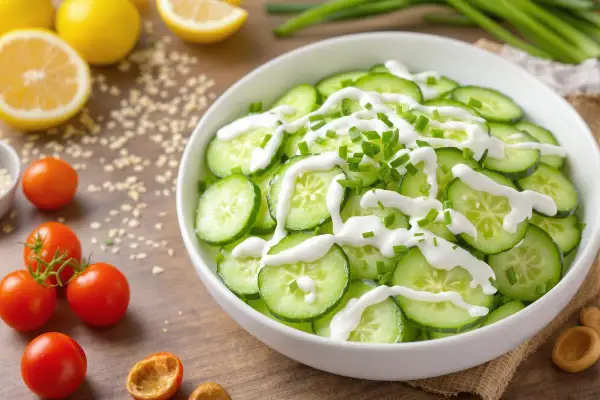 Salade de concombre en rondelles, arrosée de sauce blanche et garnie de ciboulette.
