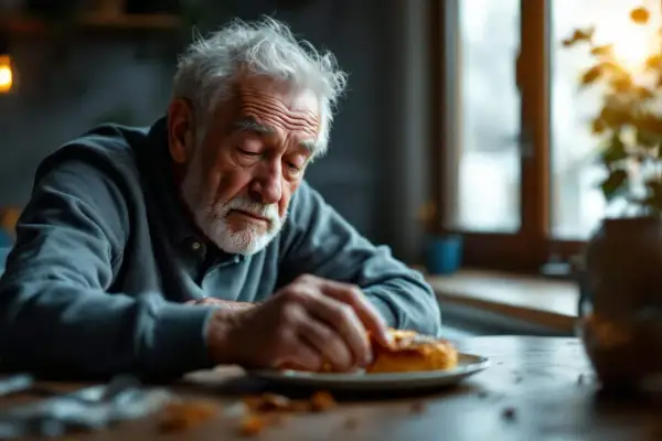 Un homme âgé, l'air soucieux, regarde une part de gâteau. Il se demande : "J'ai mangé trop de sucre, que faire ?