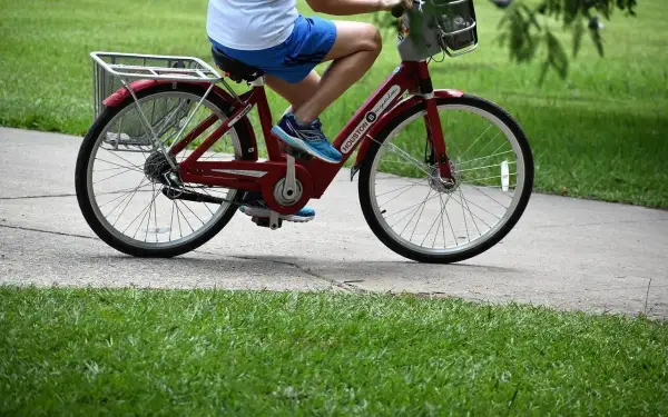 Osoba na czerwonym rowerze miejskim, z koszykiem z przodu i bagażnikiem z tyłu. Widoczne są hamulce tarczowe, jeden z rodzajów hamulców rowerowych.