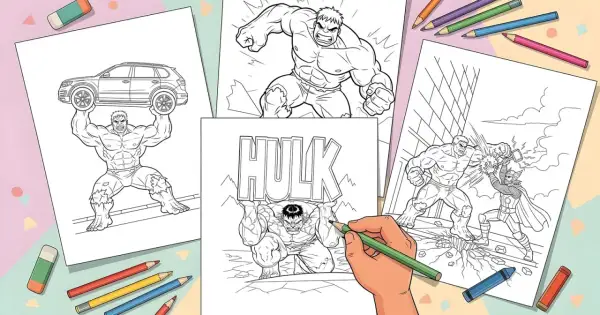 Dibujo de Hulk para colorear, levantando un coche, luchando contra Thor y con la palabra HULK. ¡A colorear!