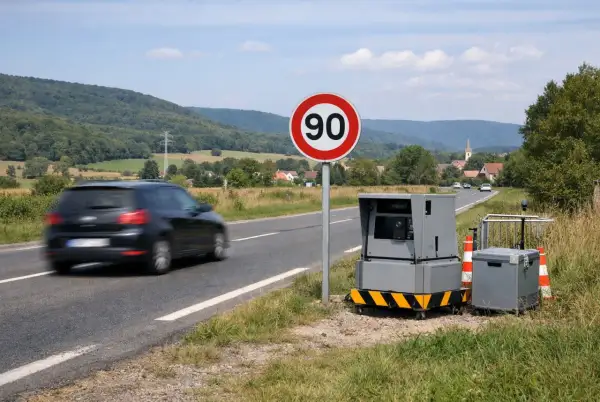 Panneau 90, radar et voiture en mouvement. Attention, si vous roulez à 95, vous serez flashé !