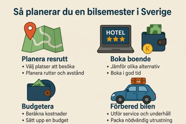Planera din bilsemester i Sverige: rutt, boende, budget och bilförberedelser. Allt för att du ska kunna åka bil bekvämt och tryggt.