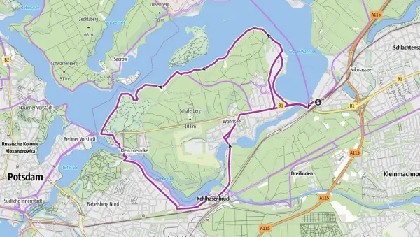 Karte zeigt eine Fahrradtour um den Wannsee und Sacrower See bei Berlin.