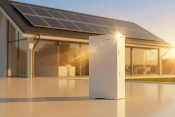 Nowoczesny magazyn energii Proton przy domu z panelami słonecznymi. Dofinansowanie do magazynu energii ułatwia inwestycję w zieloną energię.