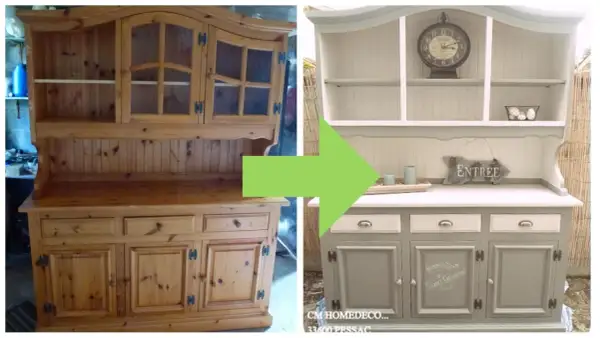 Prima e dopo: come restaurare un mobile in legno. Un mobile da cucina in pino grezzo trasformato in un pezzo shabby chic grigio e bianco.