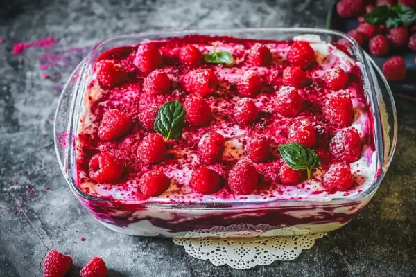 Himbeer Tiramisu in einer Glasform, garniert mit frischen Himbeeren und Minzblättern. Ein süßer Genuss!