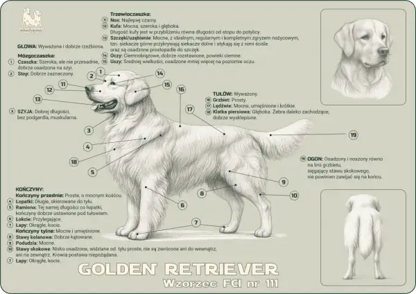 Golden retriever, pies o złocistym umaszczeniu, z zaznaczonymi częściami ciała.