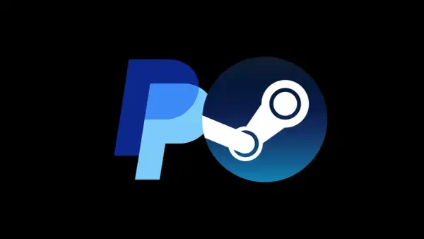 Logo PayPal połączone z logo Steam na czarnym tle.