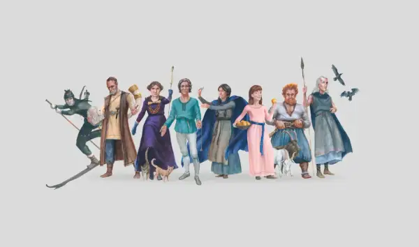 En illustration med flera figurer som ger fakta om asagudarna. En skidåkare, en man med horn, kvinnor i klänningar och män med djur och fåglar.