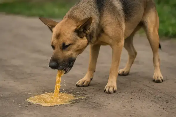 Smutny pies wymiotuje krwią. Jego oczy są przymknięte, a żółta ciecz spływa na ziemię.
