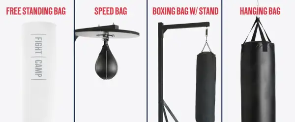 Vier Arten von Boxsäcken im Test: freistehend, Speed Bag, mit Ständer und hängend.