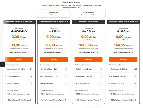Porównanie ofert światłowodu: 600 Mb/s za 0 zł przez 6 mies., 1 Gb/s za 0 zł przez 9 mies., 2 Gb/s za 0 zł przez 9 mies., 8 Gb/s za 0 zł przez 12 mies. Sprawdź cenę światłowodu!