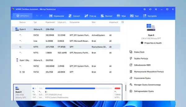 AOMEI Partition Assistant, program do naprawy dysku HDD, pokazuje partycje dysków 0 i 1.