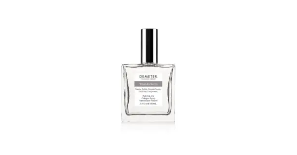 Szklana buteleczka perfum Demeter "Thunderstorm" z metalową nakrętką. Zapach przywołuje atmosferę burzy.
