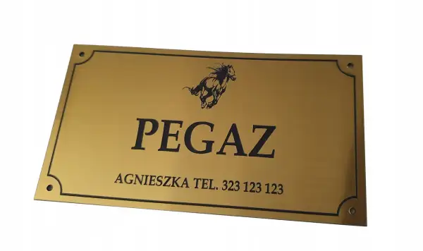Złote tabliczki z imionami dla Pegaza i Agnieszki. Eleganckie tabliczki z numerem telefonu.