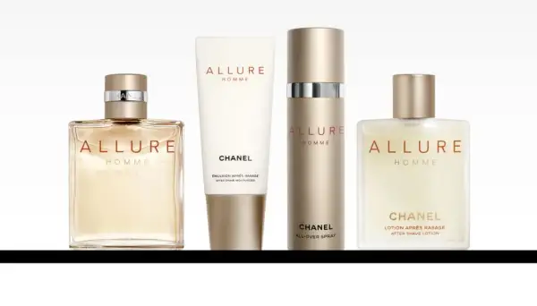 Zestaw kosmetyków Chanel Allure Homme: woda toaletowa, balsam po goleniu, spray i lotion.