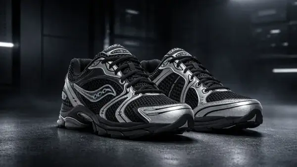 Paire de baskets noires et argentées Saucony Progrid, prêtes pour la course.