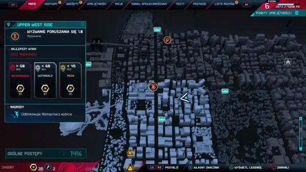 Mapa z gry Spider-Man Miles Morales, pokazująca wyzwanie poruszania się. Gracz dąży do zdobycia platyny, osiągając najlepsze wyniki.
