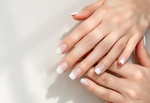 Mains délicates aux ongles parfaits, arborant une manucure blanche classique et élégante.