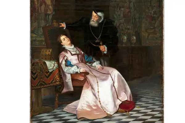En äldre man med skägg står över en sovande kvinna i en stol. Kvinnan, som kan vara Katarina av Sachsen-Lauenburg, bär en rosa klänning.