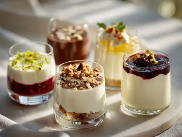 Fem olika dessert i glas, med bär, nötter och frukt. En fest för ögat och gommen.