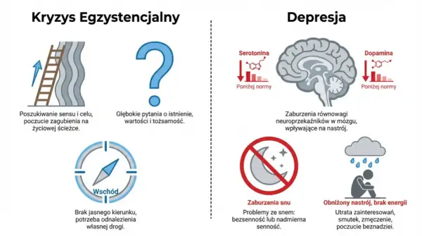 Kryzys egzystencjalny: zagubienie, brak celu, pytania o sens. Depresja: niski nastrój, brak energii, smutek, zmęczenie, poczucie beznadziei.