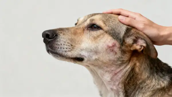 Perro con sarna en la cara, mostrando irritación y costras. Una mano acaricia su cabeza con ternura.